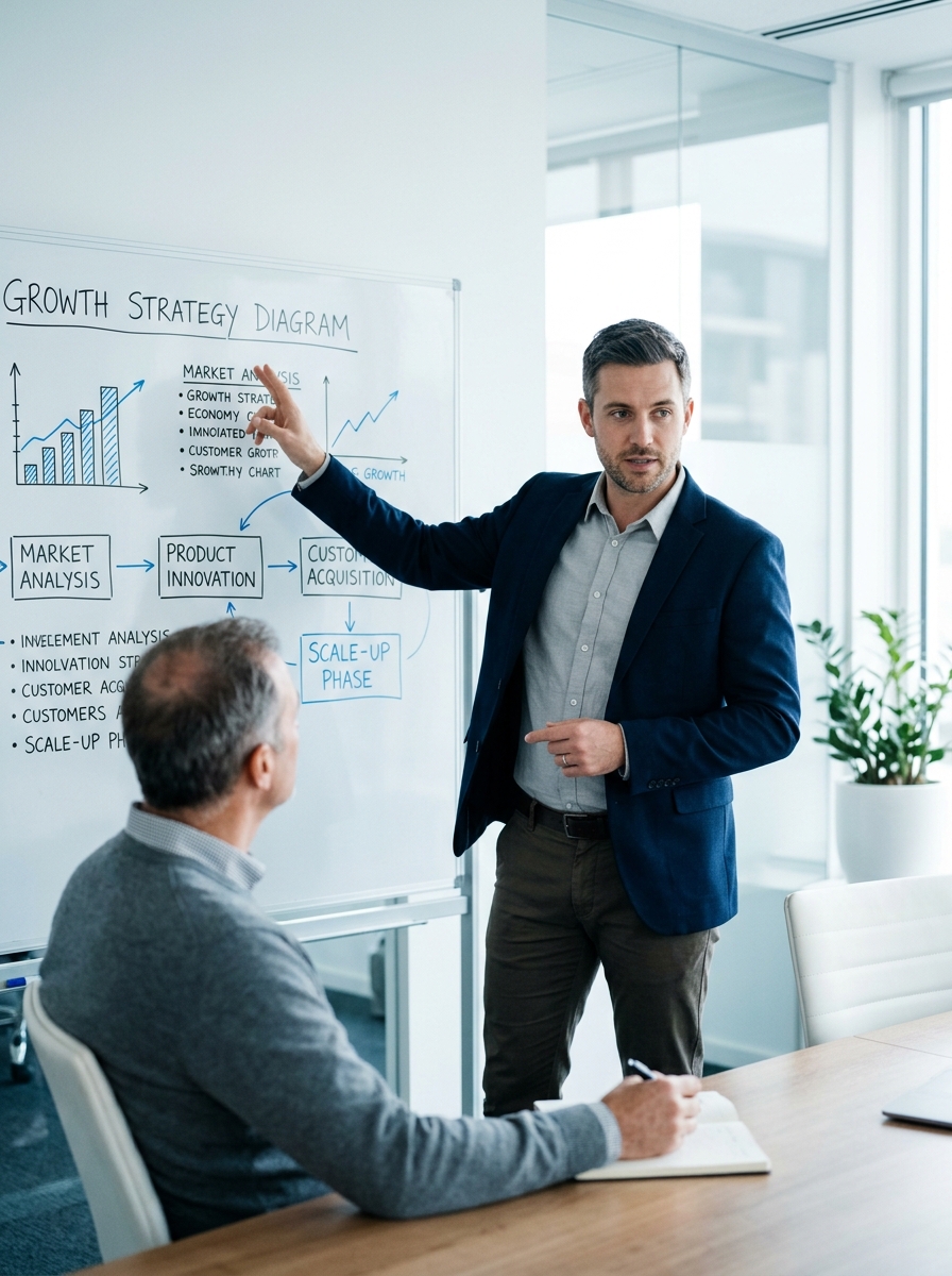 Mohammed El Qadi explaining a growth strategy on a whiteboard