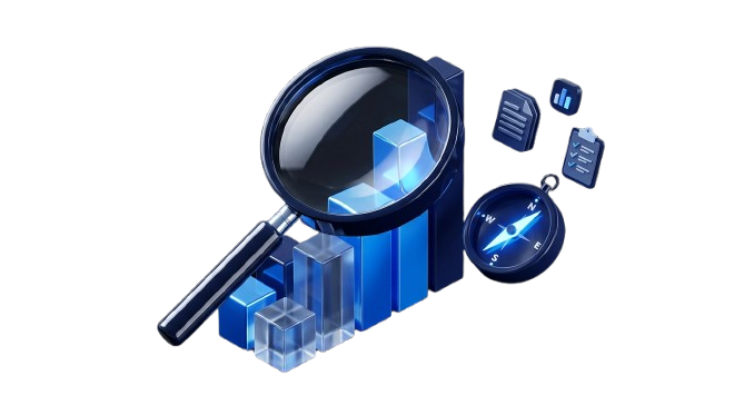 3D illustration of a magnifying glass over a growth chart